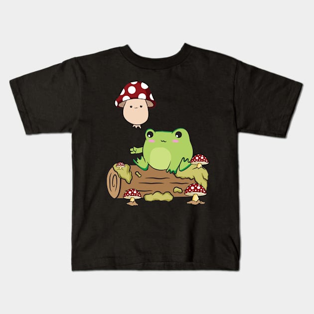 Cottagecore Kawaii Frog Holding A Mushroom Balloon Kids T-Shirt by Alex21